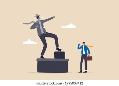 Ego, self important or self esteem, too much proud of yourself or overconfident, success or leadership history concept, businessman looking at his self success statue thinking of own Ego.