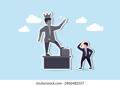 Ego, self important or self esteem, too much proud of yourself or overconfident, success or leadership history concept, businessman looking at his self success statue thinking of own Ego.