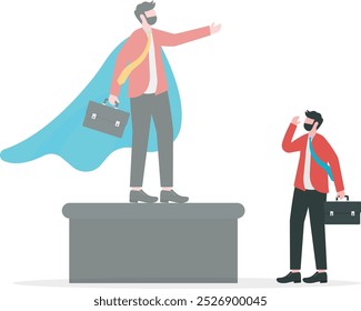 Ego, self important or self esteem, too much proud of yourself or overconfident, success or leadership history concept, businessman looking at his self success statue thinking of own Ego.
