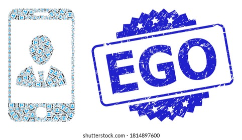 Ego unclean stamp seal and vector fractal composition mobile user profile. Blue stamp seal includes Ego title inside rosette.