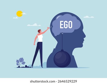 Símbolo egocêntrico do culto à personalidade, mulher perfurando um balão com a palavra ego nele, muito orgulhoso de si mesmo ou excessivamente confiante