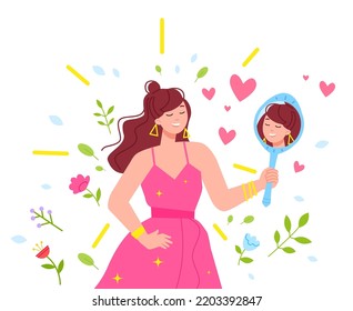 Egoistic reflection. Self satisfied woman look in shaped mirror, women ego proud female narcissism selfish love beautiful slim body smiling conceited vector illustration of love mirror selfish