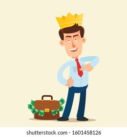 Egotistical and boastful man with much money in bag and gold crown on head, pointing with fingers at himself. Narcissist, egotistical braggart. Vector illustration, cartoon style. Isolated background.