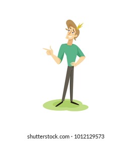 Egotistical modern prince in casual clothes and golden crown, funny young man comic character cartoon vector Illustration