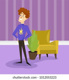 Egotistical modern prince with golden crown on his sweater, funny young man comic character posing on the background of living room apartment vector illustration, cartoon style