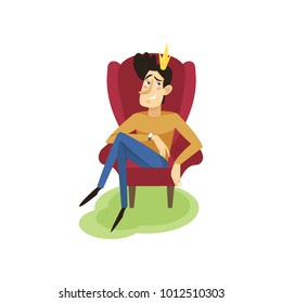 Egotistical modern prince sitting on a throne, funny young man comic character cartoon vector Illustration