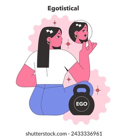 Egotistical Personality trait. Character admiring reflection, illustrating self-absorption and vanity. Flat vector illustration