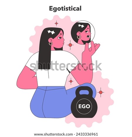 Egotistical Personality trait. Character admiring reflection, illustrating self-absorption and vanity. Flat vector illustration
