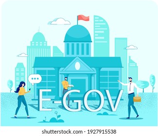 E-Gov. Online Government, Banking and Financial Services. Electronic Signatures and Document Management. Ancient Building and Office Workers Public Servants with Digital Gadgets. Vector Illustration