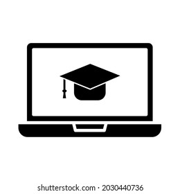 E-Graduation. Laptop and graduation cap, online graduation symbol. Study from home. Isolated on a blank, editable and changeable background.