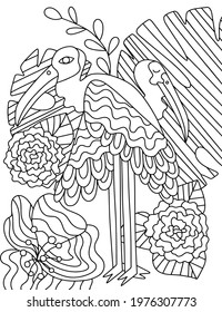 Egret birds with flowers and leaves hand-drawn coloring page stock vector illustration. Two wild long legs birds in nature ornamental black and white line art 