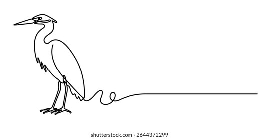 Egret continuous one line drawing, Egret one line illustration. Vector continuous outline isolated sketch, heron, egret flapping its wings, side view. birds with continuous one line drawing, editable.