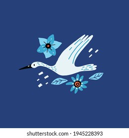 Egret and flowers. Cartoon hand drawn modern style bird flying and decor botanical elements, doodle colorful blue illustration, heron or stork wild animal, vector print poster or cover