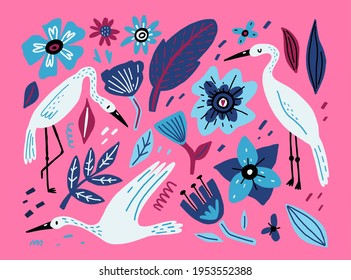 Egret and flowers. Cartoon hand drawn modern style birds and decor botanical elements, doodle bright colorful blue and pink simple set, heron or stork wild animal, vector print poster or cover