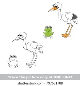 Egret and Frog to be traced only of one line, the tracing educational game to preschool kids with easy game level, the colorful and colorless version.