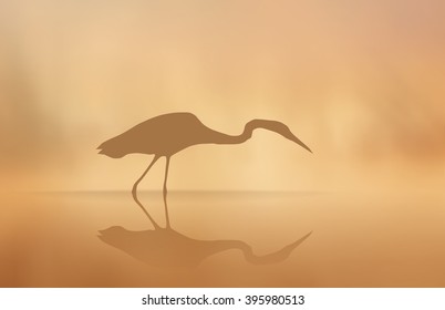 Egret in the mist in the morning lake