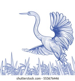 Egret taking flight from a field of rice. Good for a packaging graphic.
