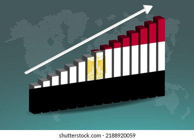 Gráfico gráfico de barras 3D de Egipto vector, flecha ascendente en los datos, concepto de estadísticas de los países, bandera de Egipto en el gráfico de barras 3D, valores crecientes, idea de pancarta de noticias