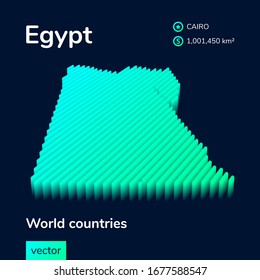 Egypt 3D map. Stylized striped neon isometric vector Map of Egypt is in green and mint colors on the dark blue background