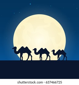 Egypt, Africa silhouette of attraction. Travel banner with moon on the night background. Trip to country. Travelling illustration