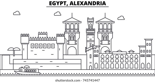 Egypt, Alexandria architecture skyline buildings, silhouette, outline landscape, landmarks. Editable strokes. Urban skyline illustration. Flat design vector, line concept