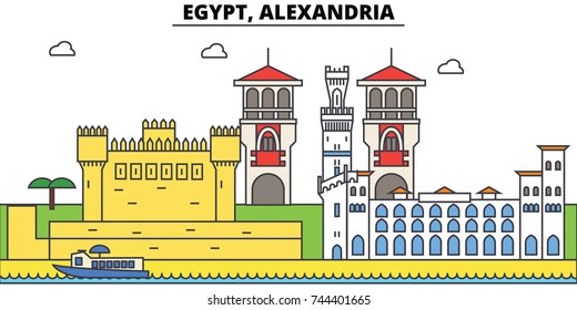 Egypt, Alexandria outline city skyline, linear illustration, banner, travel landmark, buildings silhouette,vector