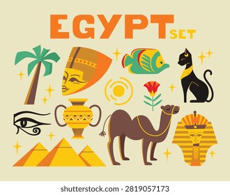 Egypt Ancient Civilization Vector Set Pharaoh Mask, Pyramids, Sphinx, Camel, Cat God, Eye of Horus, Palm Tree, Lotus Flower, Pottery Flat Travel Icons Illustration