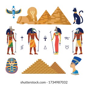 Egypt ancient gods and pyramides icons set cartoon vector illustration isolated on white background. Egyptian culture travel and history symbols and elements collection.