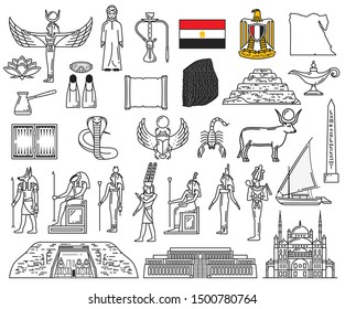 Egypt ancient gods and religion symbol icons. Vector deities, Anubis, Ankh, Horus eye, flag and Sphinx. Pharaoh pyramids, Karnak Temple, Deir el-Bahari, Abu Simbel, Mosque of Ibn Tulun