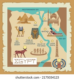 Egypt ancient map. Egyptian travel landmark. African country. Cairo or Luxor. Pharaoh tomb. Giza pyramids and Sphinx. Antique architecture. Vector background with cultural tourism icons