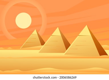 Egypt ancient pyramids of Giza are egyptian pharaoh tomb on dry sand desert with sun and orange sky vector.