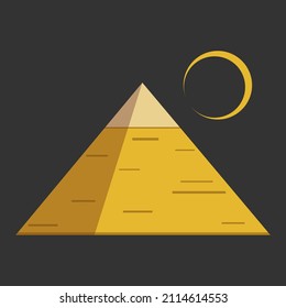 Egypt ancient pyramids of Giza are egyptian pharaoh tomb with crescent moon in night on black background flat vector icon design.
