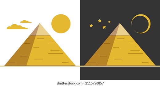 Egypt ancient pyramids of Giza are egyptian pharaoh tomb with sun in day time and crescent moon in night flat vector icon design.