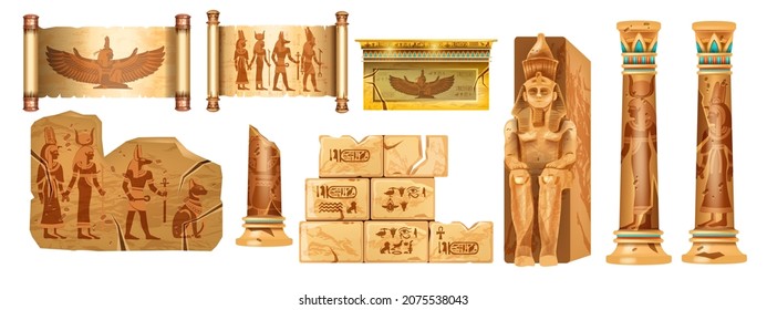 Egypt ancient stone ruin set, vector old pyramid pharaoh sculpture, antique column, cracked wall tile. Papyrus scroll paper, gods outline, mural hieroglyphs, Egyptian civilization monument. Egypt ruin