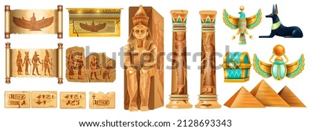 Egypt ancient stone ruin set, vector old pyramid pharaoh sculpture, cracked wall tile, antique column. Papyrus scroll paper, Egyptian civilization monument, gods outline, mural hieroglyphs. Egypt ruin