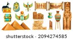 Egypt ancient stone vector set, archaeology Egyptian treasure, golden scarab, pharaoh mask, pyramid. Africa tourism travel culture object, historical papyrus scroll, tomb ruin wall. Egypt stone Anubis