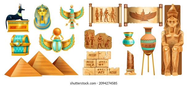 Egypt ancient stone vector set, archaeology Egyptian treasure, golden scarab, pharaoh mask, pyramid. Africa tourism travel culture object, historical papyrus scroll, tomb ruin wall. Egypt stone Anubis