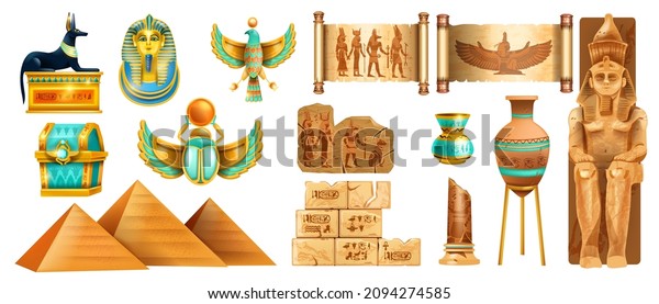 Egypt ancient stone vector set, archaeology\
Egyptian treasure, golden scarab, pharaoh mask, pyramid. Africa\
tourism travel culture object, historical papyrus scroll, tomb ruin\
wall. Egypt stone Anubis