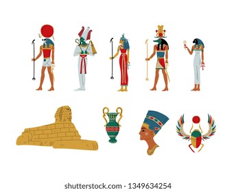 Egypt Ancient Symbols, Gods and Goddess Set Vector Illustration