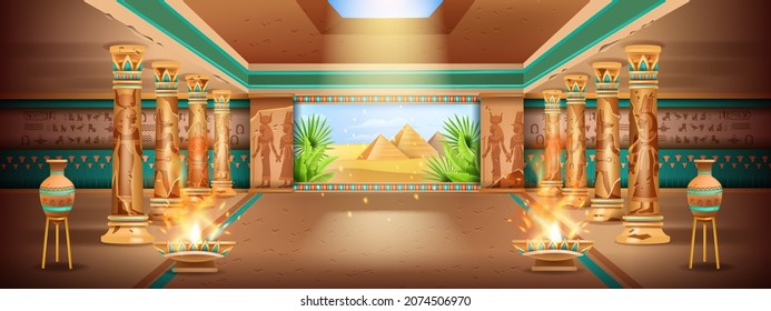 Egypt ancient temple background, pharaoh pyramid interior design, vector palace illustration, column. Desert landscape, stone pillar mural gods silhouette, panoramic 3D window. Egypt temple game level