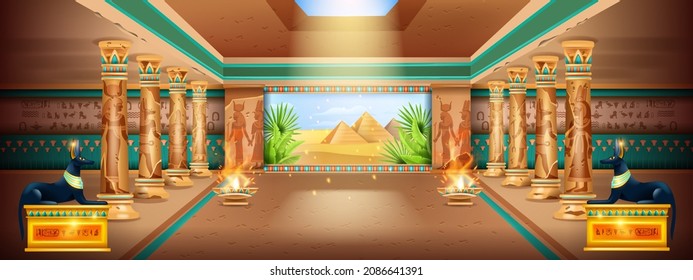 Egypt ancient temple background, vector palace illustration, column, pharaoh pyramid interior design. Desert landscape, panoramic 3D window, stone pillar mural gods silhouette. Egypt temple game level