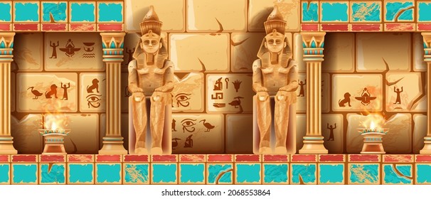 Egypt ancient temple room, vector pharaoh pyramid tomb interior, old stone column, statue. History civilization palace seamless game background, hieroglyphs, antique cracked rock wall. Egypt temple