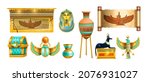 Egypt ancient treasure icon set, vector old civilization object, pharaoh tomb, gold scarab jewelry, vase. History game illustration Anubis statue, sarcophagus, papyrus scroll. Egypt mythology treasure