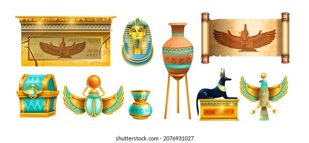 Egypt ancient treasure icon set  vector old civilization object  pharaoh tomb  gold scarab jewelry  vase  History game illustration Anubis statue  sarcophagus  papyrus scroll  Egypt mythology treasure