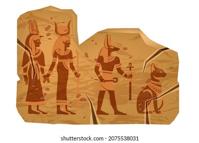 Egypt ancient vector pyramid stone, cracked old boulder tile, gods outline, Anubis silhouette, cat. Architecture ruin panel, culture history rock tablet, Egyptian civilization sign. Egypt stone frame