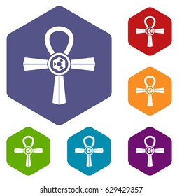 Egypt Ankh symbol icons set hexagon isolated vector illustration