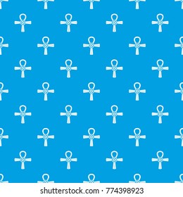 Egypt Ankh symbol pattern repeat seamless in blue color for any design. Vector geometric illustration