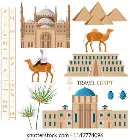 Egypt architecture and symbol elements set Vector. Famous city architecture, camel, palm tree and ornaments national styles