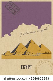 Postal de atracción de Egipto, ilustración del complejo de la pirámide de Guiza, tarjeta de felicitación de estilo retro de Plantilla de Vector con deseo de escritura a mano. Impresión postal, textura de papel envejecido