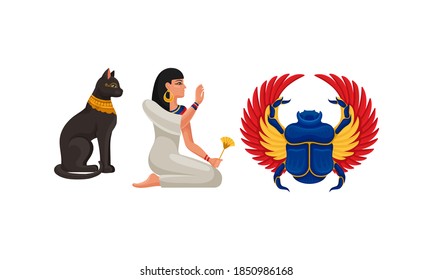 Egypt Attribute with Cat Figurine and Scarab Beetle Vector Set